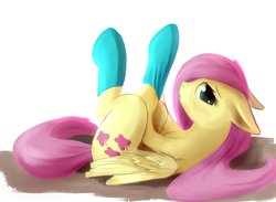 Size: 2745x2009 | Tagged: safe, artist:sokolas, fluttershy, g4, blushing, clothes, cute, female, on back, shyabetes, socks, solo, stupid sexy fluttershy