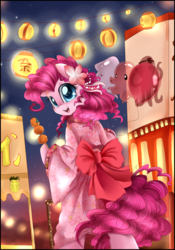 Size: 2942x4204 | Tagged: safe, artist:pridark, pinkie pie, octopus, semi-anthro, g4, balloon, bow, chinese, cute, dango, diapinkes, dumplings, female, food, kimono (clothing), lantern, looking at you, looking back, looking back at you, open mouth, paper lantern, solo