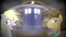 Size: 2560x1440 | Tagged: safe, artist:kriswanted, derpy hooves, doctor whooves, time turner, pegasus, pony, g4, crossover, doctor who, female, glowing, male, mare, stallion, tablet, tardis