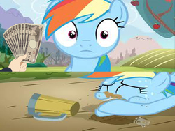 Size: 1024x768 | Tagged: safe, rainbow dash, g4, cider, dirt, fistful of yen, meme, needs more jpeg, what would x do for a fistful of yen?, wrong aspect ratio