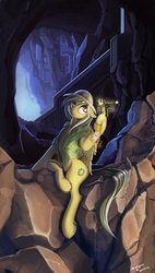 Size: 992x1741 | Tagged: safe, artist:rublegun, daring do, pegasus, pony, g4, cave, chest fluff, e=mc^2, female, fluffy, glowing, goa'uld hand device, looking at something, ruins, solo, stargate sg1