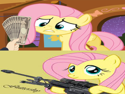 Size: 1024x768 | Tagged: safe, fluttershy, g4, fistful of yen, gun, halo (series), halo: reach, meme, mercenary, what would x do for a fistful of yen?, wrong aspect ratio