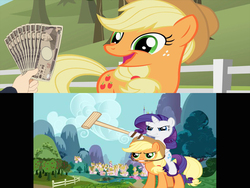 Size: 1024x768 | Tagged: safe, applejack, rarity, g4, fistful of yen, meme, polo, what would x do for a fistful of yen?