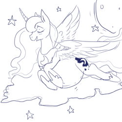 Size: 1345x1345 | Tagged: safe, artist:dolly, princess luna, g4, belly, blushing, cloud, female, monochrome, on side, pregnant, sketch, solo