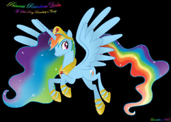 Size: 756x540 | Tagged: safe, rainbow dash, alicorn, pony, g4, ethereal mane, ethereal tail, female, horn, long horn, long mane, long tail, mare, race swap, rainbowcorn, slender, solo, spread wings, tail, tall, thin, wings