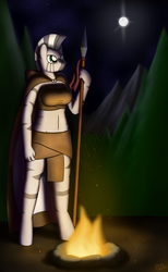 Size: 2000x3250 | Tagged: safe, artist:devs-iratvs, zecora, zebra, anthro, g4, campfire, clothes, female, fire, forest, moon, mountain, night, robe, solo, spear