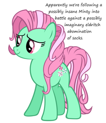 Size: 1024x1189 | Tagged: safe, minty, g3, g4, clothes, cute, eldritch abomination, female, fight, g3 to g4, generation leap, insane pony thread, insanity, mintabetes, simple background, socks, solo, vector, white background