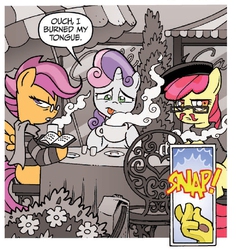 Size: 656x695 | Tagged: safe, artist:tony fleecs, idw, official comic, apple bloom, discord, scootaloo, sweetie belle, earth pony, pegasus, pony, unicorn, friends forever #2, g4, my little pony: friends forever, spoiler:comic, beatnik, beret, clothes, coffee, cutie mark crusaders, female, filly, finger snap, foal, glasses, hipster, hipsterloo, moustache, scarf, speech bubble, sweater, turtleneck