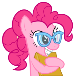 Size: 1052x1058 | Tagged: safe, artist:zacatron94, part of a set, pinkie pie, earth pony, pony, g4, adorkable, alternate hairstyle, book, braces, cute, diapinkes, dork, female, glasses, grin, meganekko, nerd pony, ponytail, simple background, smart, smiling, solo, transparent background, vector
