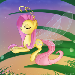 Size: 500x500 | Tagged: safe, artist:isa-isa-chan, fluttershy, breezie, g4, it ain't easy being breezies, breeziefied, eyes closed, female, flutterbreez, grass, hilarious in hindsight, mare, smiling, solo, species swap