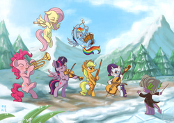Size: 3508x2480 | Tagged: safe, artist:mrs1989, applejack, fluttershy, pinkie pie, rainbow dash, rarity, spike, twilight sparkle, alicorn, pony, g4, band, bassoon, bipedal, cello, concert, drums, female, flute, mane seven, mane six, mare, music, musical instrument, orchestra, scenery, snow, tree, trumpet, twilight sparkle (alicorn), violin, wig