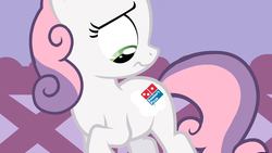 Size: 640x360 | Tagged: safe, sweetie belle, pony, unicorn, g4, cutie mark, domino's, domino's pizza, dominos, female, filly, foal, meme, solo