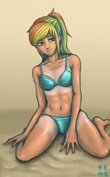 Size: 1787x2861 | Tagged: safe, artist:mrs1989, rainbow dash, human, g4, abs, belly button, bikini, breasts, clothes, delicious flat chest, female, humanized, rainbow flat, solo, swimsuit, tan, tan lines