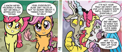 Size: 1259x546 | Tagged: safe, artist:tony fleecs, idw, official comic, apple bloom, discord, scootaloo, sweetie belle, draconequus, earth pony, pegasus, pony, unicorn, friends forever #2, g4, my little pony: friends forever, spoiler:comic, comic, cute, diabetes, female, filly, foal, heartwarming, male, speech bubble, surprised
