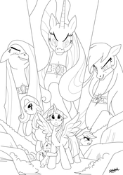 Size: 2452x3508 | Tagged: safe, artist:shikidark, applejack, fluttershy, nightmare rarity, pinkie pie, rainbow dash, spike, twilight sparkle, alicorn, pony, g4, appletwishy, corrupted, female, mane seven, mane six, mare, monochrome, nightmare, nightmare pinkie, nightmare rainbow dash, nightmarified, twilight sparkle (alicorn)