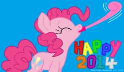 Size: 881x512 | Tagged: safe, artist:heartinarosebud, pinkie pie, g4, 2014, female, happy new year, party horn, solo