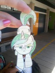 Size: 750x1000 | Tagged: safe, artist:partypievt, oc, oc only, oc:olive martini, pony, unicorn, annoyed, hand, hanging, paper child, paper pony, papercraft, photo, solo, traditional art
