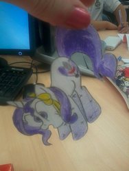 Size: 720x960 | Tagged: safe, artist:partypievt, oc, oc only, oc:indigo wire, pony, unicorn, bow, hand, hanging, paper child, paper pony, papercraft, photo, solo, surprised, traditional art