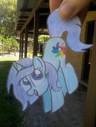 Size: 720x960 | Tagged: safe, artist:partypievt, oc, oc only, oc:zinly, pony, unicorn, hand, hanging, paper child, paper pony, papercraft, photo, solo, traditional art