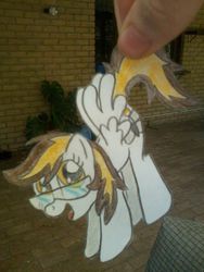 Size: 720x960 | Tagged: safe, artist:partypievt, oc, oc only, oc:skybrush, pegasus, pony, glasses, hand, hanging, paper child, paper pony, papercraft, photo, solo, traditional art