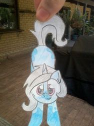 Size: 720x960 | Tagged: safe, artist:partypievt, oc, oc only, oc:roiling steam, pony, unicorn, hand, hanging, paper child, paper pony, papercraft, photo, solo, traditional art