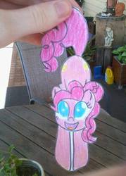Size: 505x705 | Tagged: safe, artist:partypievt, pinkie pie, g4, female, hand, hanging, happy, looking at you, open mouth, paper child, paper pony, papercraft, photo, smiling, solo, tail pull, traditional art