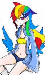 Size: 487x800 | Tagged: safe, artist:umiushi, rainbow dash, human, g4, belly button, butt wings, clothes, female, humanized, nail polish, pixiv, shorts, solo, sports bra, winged humanization