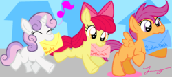 Size: 1354x605 | Tagged: safe, artist:heartinarosebud, apple bloom, scootaloo, sweetie belle, g4, cutie mark crusaders, mouth hold