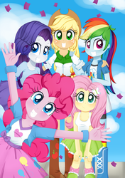 Size: 2354x3346 | Tagged: safe, artist:lucy-tan, applejack, fluttershy, pinkie pie, rainbow dash, rarity, equestria girls, g4, humane five