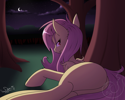 Size: 2500x2000 | Tagged: safe, artist:silverfox057, fluttershy, bat pony, pony, g4, bedroom eyes, blank flank, butt, female, flutterbat, flutterbutt, forest, looking at you, looking back, looking back at you, moon, night, on side, plot, rear view, sexy, sinfully sexy, solo, tail, the ass was fat
