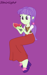 Size: 576x920 | Tagged: safe, artist:trainman3985, starlight, equestria girls, g4, background human, clothes, eating, female, food, long skirt, sitting, skirt, solo, watermelon