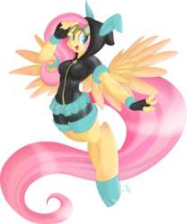 Size: 1417x1700 | Tagged: safe, artist:falleninthedark, fluttershy, anthro, unguligrade anthro, g4, bunny ears, clothes, dangerous mission outfit, female, goggles, hoodie, looking at you, open mouth, smiling, solo
