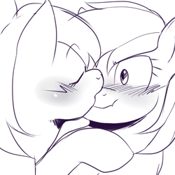 Size: 500x500 | Tagged: safe, artist:trinity-fate62, derpy hooves, rainbow dash, pegasus, pony, g4, female, grayscale, kissing, lesbian, mare, monochrome, scrunchy face, ship:derpydash, shipping