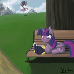 Size: 800x800 | Tagged: safe, artist:xenstroke, pinkie pie, twilight sparkle, alicorn, pony, g4, balloon, bench, book, commission, speedpaint, twilight sparkle (alicorn)