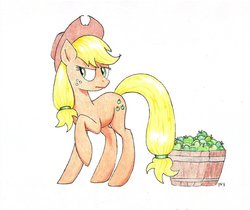 Size: 975x819 | Tagged: safe, artist:philo5, part of a set, applejack, earth pony, pony, g4, applejack is not amused, envy, female, glare, hair tie, jealous, mare, raised hoof, simple background, sin of envy, solo, traditional art, unamused