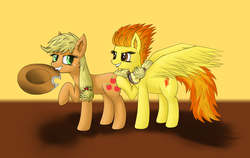 Size: 1895x1200 | Tagged: safe, artist:furor1, applejack, spitfire, g4, applejack's hat, cowboy hat, female, goggles, hat, holding, lesbian, looking at each other, mare, shadow, ship:applefire, shipping, smiling