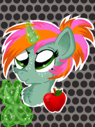 Size: 600x800 | Tagged: safe, artist:ilikepudding24, oc, oc only, pony, unicorn, apple, female, filly, freckles, magic, offspring, parent:babs seed, parent:snips, parents:bips, scissors, solo
