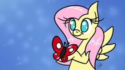 Size: 3840x2160 | Tagged: safe, artist:muzza299, fluttershy, butterfly, pegasus, pony, g4, blue background, female, mare, minimalist, simple background, solo