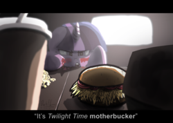 Size: 6540x4652 | Tagged: safe, artist:darkflame75, twilight sparkle, pony, g4, twilight time, caption, drink, female, food, glare, hay burger, mare, solo, table, that pony sure does love burgers, twilight burgkle