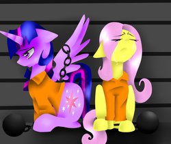 Size: 972x822 | Tagged: safe, artist:chiara-dash, fluttershy, twilight sparkle, alicorn, pegasus, pony, g4, ball and chain, clothes, crying, duo, duo female, eyes closed, female, frown, jail, lesbian, looking down, mare, prison, prison outfit, prisoner ts, sad, ship:twishy, shipping, sitting, spread wings, twilight sparkle (alicorn), wings