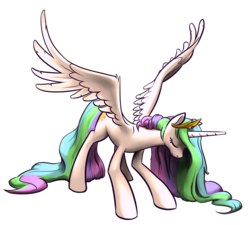 Size: 1450x1305 | Tagged: safe, artist:nadnerbd, princess celestia, alicorn, pony, g4, bowing, crown, eyes closed, female, jewelry, long mane, long tail, mare, regalia, simple background, slender, solo, spread wings, tail, thin, transparent background, wings