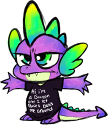 Size: 603x698 | Tagged: safe, artist:spooksy, spike, dragon, g4, clothes, graphic tee, male, shirt, simple background, solo, text, transparent background, unamused