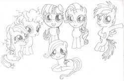 Size: 2298x1505 | Tagged: safe, artist:partner345, applejack, fluttershy, pinkie pie, rainbow dash, rarity, twilight sparkle, g4, my little pony: friendship is magic, the cutie mark chronicles, filly, mane six, monochrome