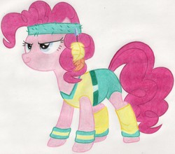 Size: 2682x2363 | Tagged: safe, artist:muffin mane, pinkie pie, a friend in deed, g4, clothes, feather, female, headband, solo, traditional art, workout outfit