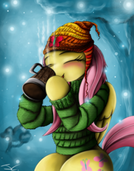 Size: 940x1200 | Tagged: safe, artist:jamescorck, fluttershy, g4, blushing, bottomless, clothes, drinking, eyes closed, female, partial nudity, solo, sweatershy