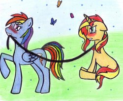 Size: 1024x834 | Tagged: dead source, safe, artist:eliskaponikova, rainbow dash, sunset shimmer, butterfly, pony, unicorn, g4, blushing, collar, embarrassed, female, leash, lesbian, looking back, pet play, raised hoof, shipping, sitting, smiling, sunsetdash