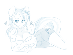 Size: 1280x960 | Tagged: safe, artist:spittfireart, allie way, earth pony, anthro, g4, ambiguous facial structure, belly button, breasts, busty allie way, clothes, female, front knot midriff, heart, mare, midriff, monochrome, on side, shorts, smiling, solo, species swap