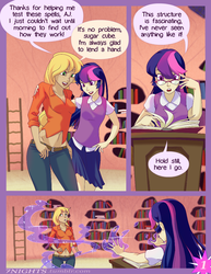 Size: 850x1100 | Tagged: safe, artist:7nights, applejack, twilight sparkle, human, comic:tome of erotic fantasies, g4, belly button, breasts, clothes, comic, female, freckles, glasses, humanized, lesbian, magic, midriff, ship:twijack, shipping, skirt, spell, vest