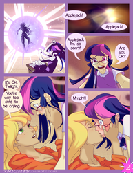 Size: 850x1100 | Tagged: safe, artist:7nights, applejack, twilight sparkle, human, comic:tome of erotic fantasies, g4, blushing, breasts, clothes, comic, female, flash, freckles, humanized, kiss on the lips, kissing, lesbian, magic, ship:twijack, shipping, spell, surprise kiss, vest