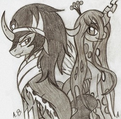 Size: 1631x1608 | Tagged: safe, artist:rossmaniteanzu, king sombra, queen chrysalis, changeling, changeling queen, pony, unicorn, g4, antagonist, female, male, monochrome, ship:chrysombra, shipping, straight, traditional art, unholy matrimony